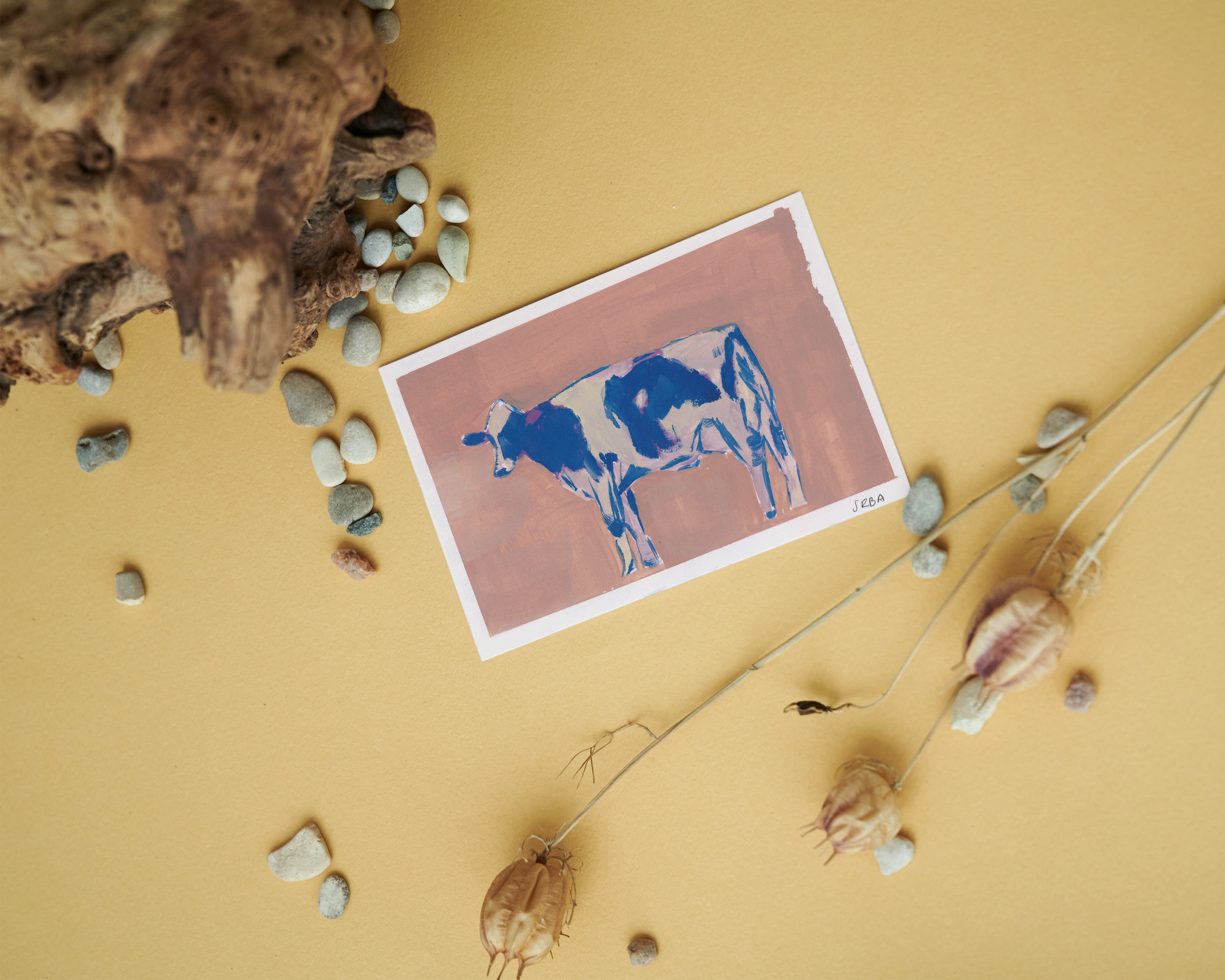Hand Drawn and Printed Unique Postcard of Elizabeth the Happy Azores Cow