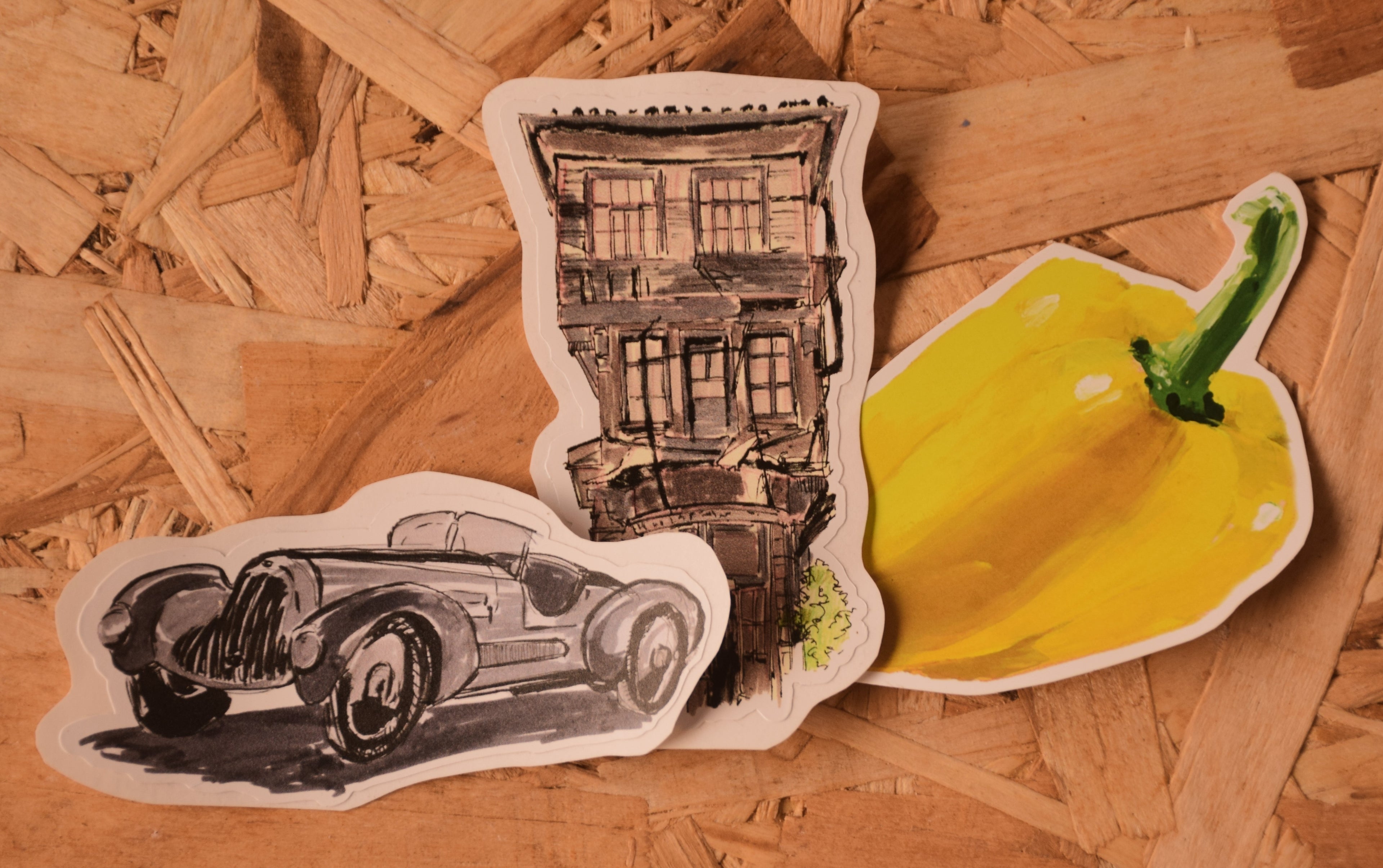Bundle! Tiny Stickers: Vintage Car, House, Yellow Pepper