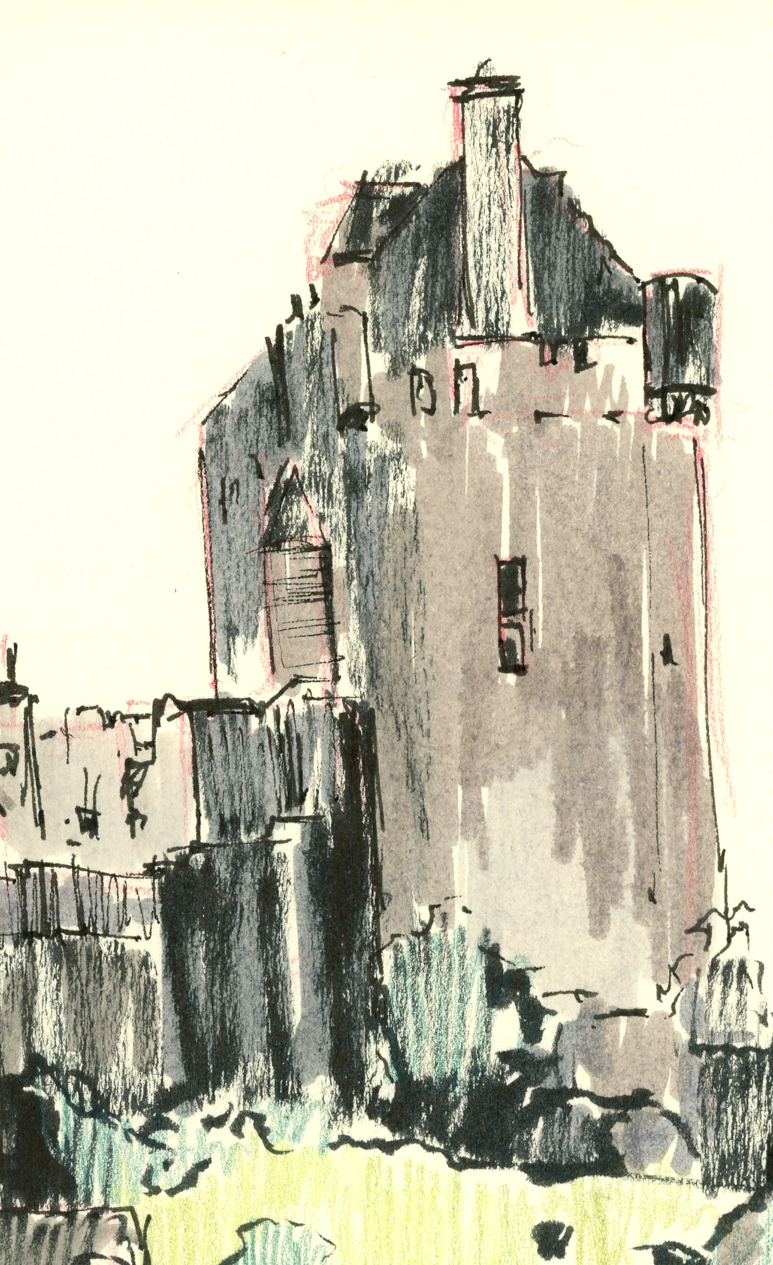 Medieval European Castle Hand-drawn original art printed on Vinyl sticker paper