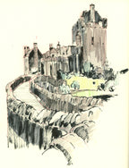 Artistic depiction of a castle with a moat 