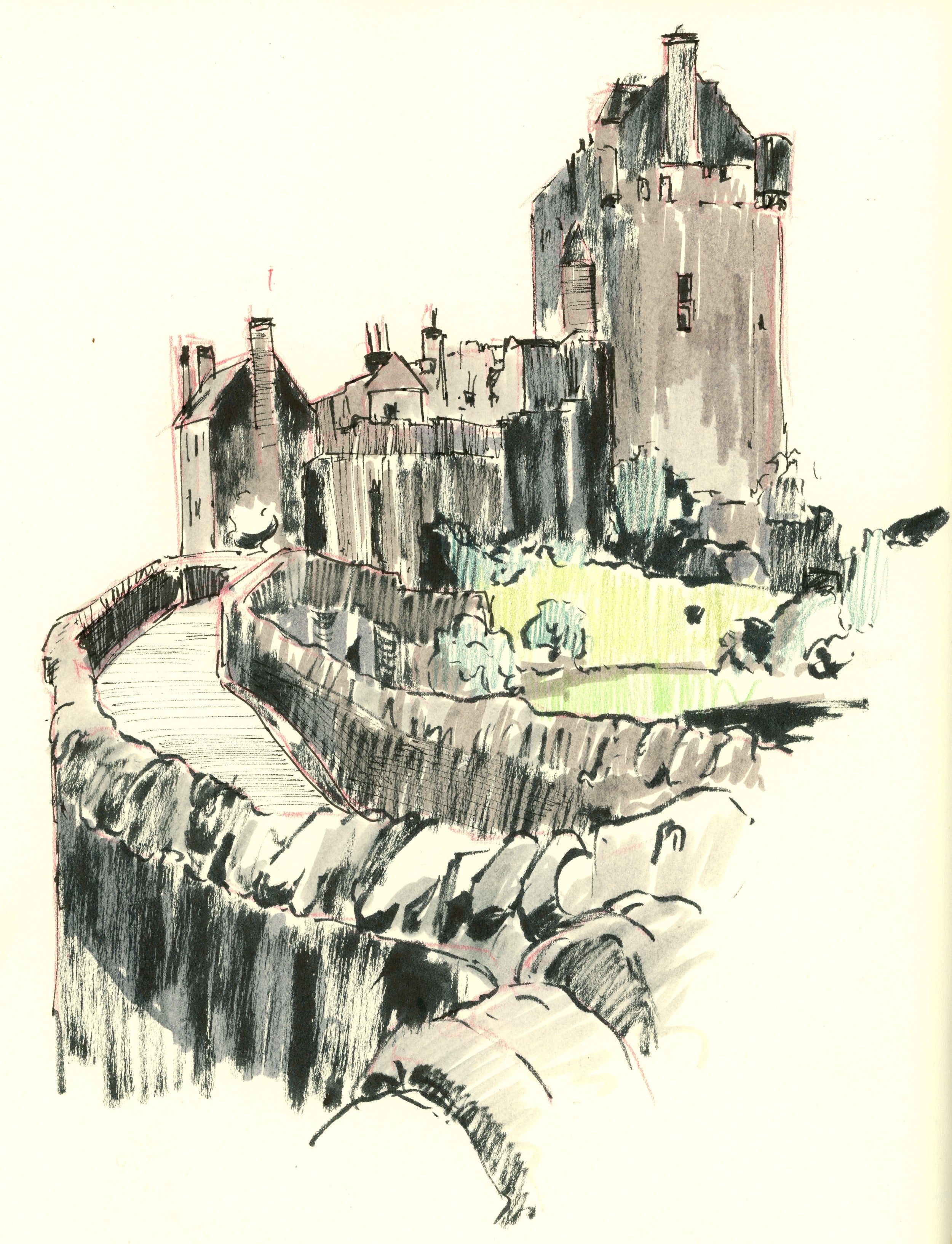 Artistic depiction of a castle with a moat 